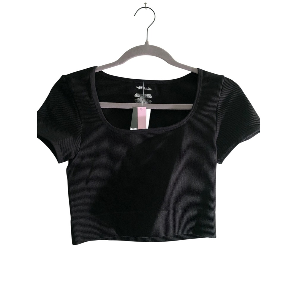Wild Fable Ribbed Crop Top Scoop‎ Neck Short Sleeve Crop Top Black L